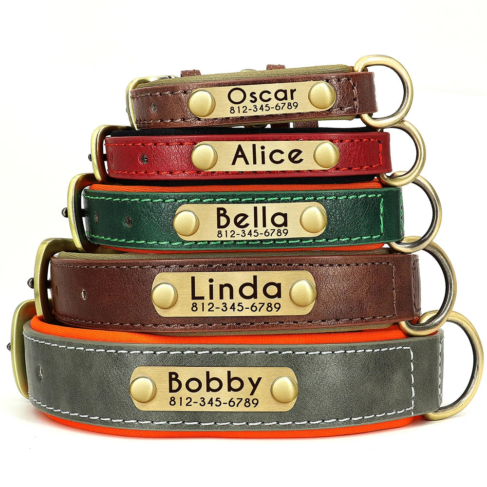 Customized PU Leather Dog Collar – Soft Padded Adjustable Name Engraved Collar