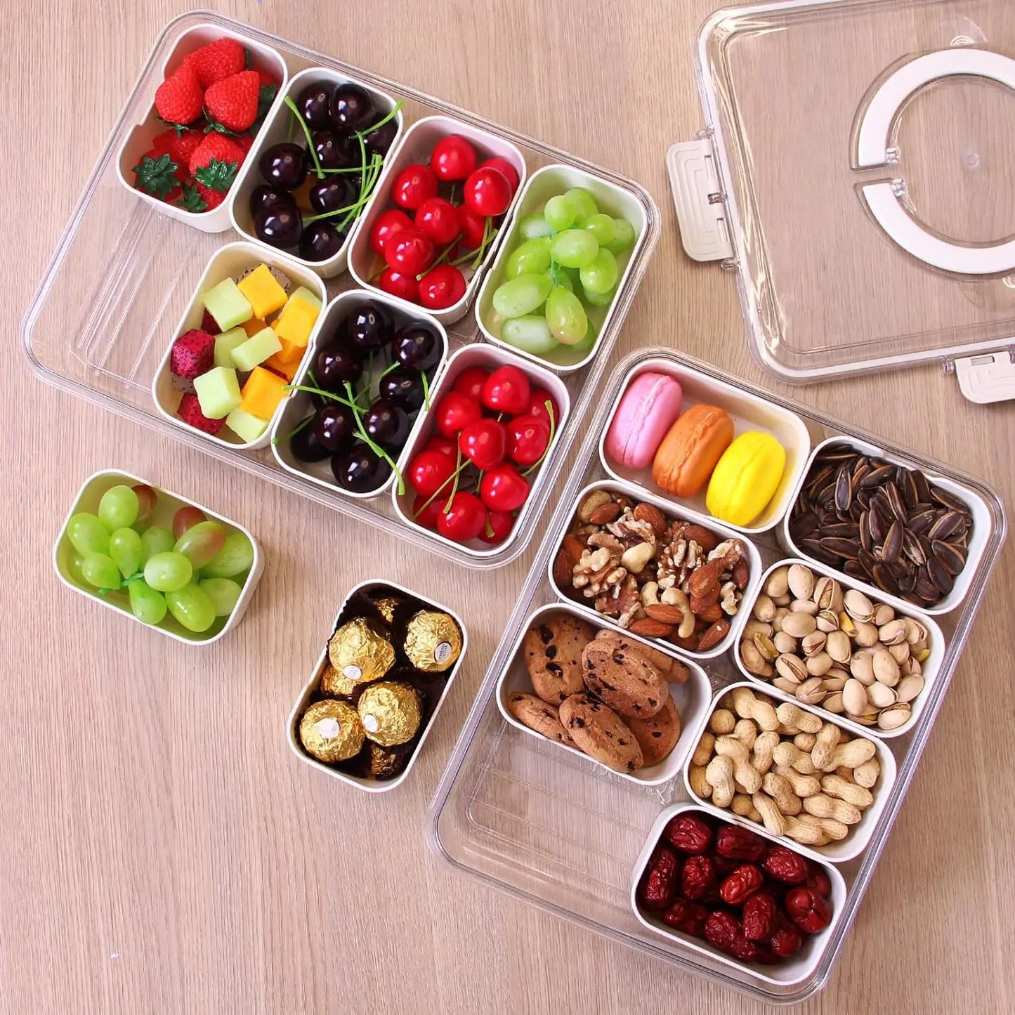 4Grid /8 Grid Snack Box Container, Portable Travel Charcuterie Board with Lid, Refrigerator Food Storage Box, Snack Organizer