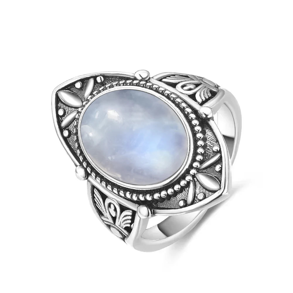 Vintage 925 Silver Ring Natural Moonstone Flower Ring 925 Hollow Eye Shape Round Sun And Moon Ring Fine Jewelry for Women Men