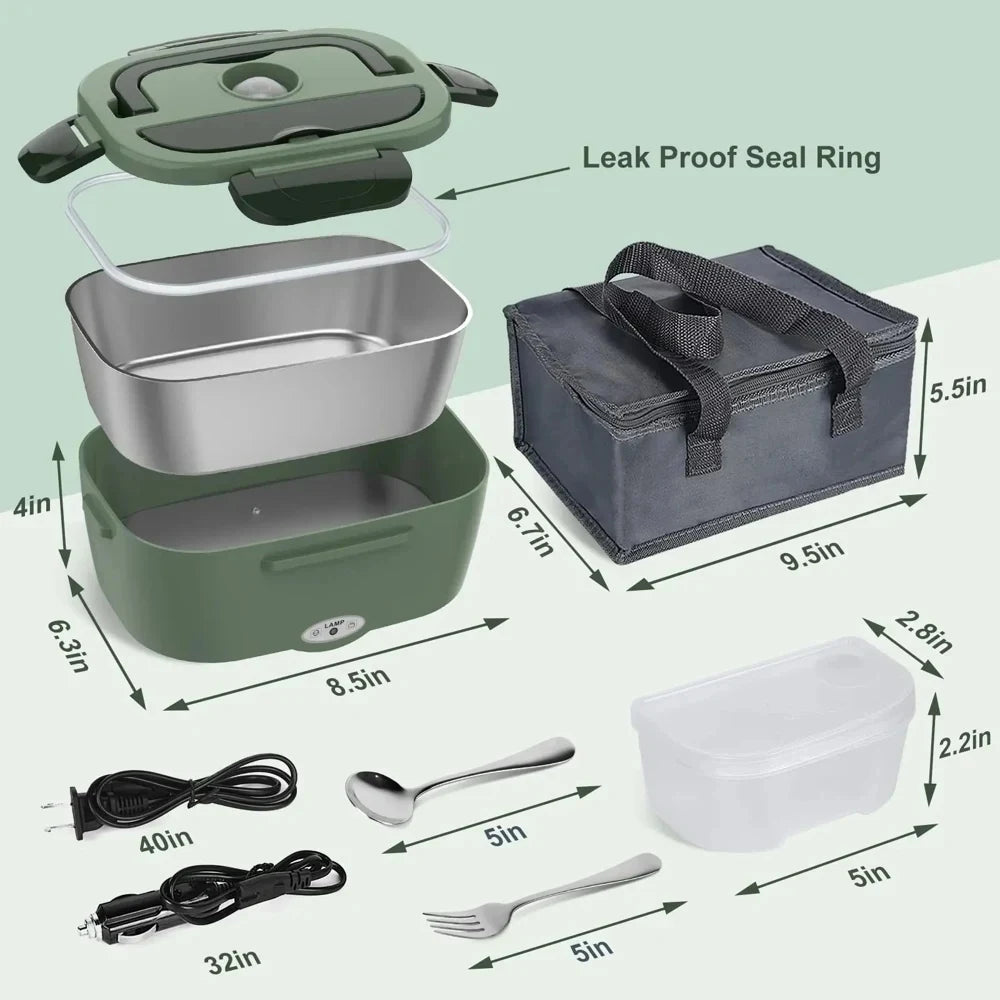 80W Portable Electric Heated Lunch Box | Leakproof Stainless Steel Food Warmer