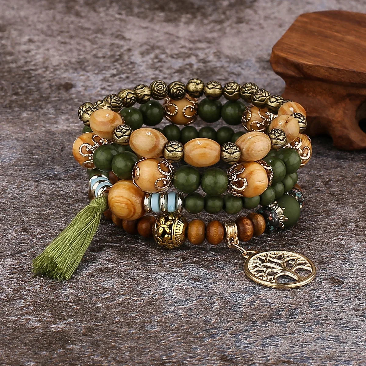 4Pcs/Set Boho Wooden Beaded Bracelet Set For Women Tree Of Life White Tassels Charm Elastic Chain Bangle Men Bohemia Jewelry