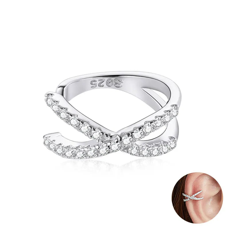 BAMOER 925 Sterling Silver Mono Clip Earrings for Girl CZ Platinum Plated Ear Cuffs Non Piercing for Women Wedding Party Jewelry