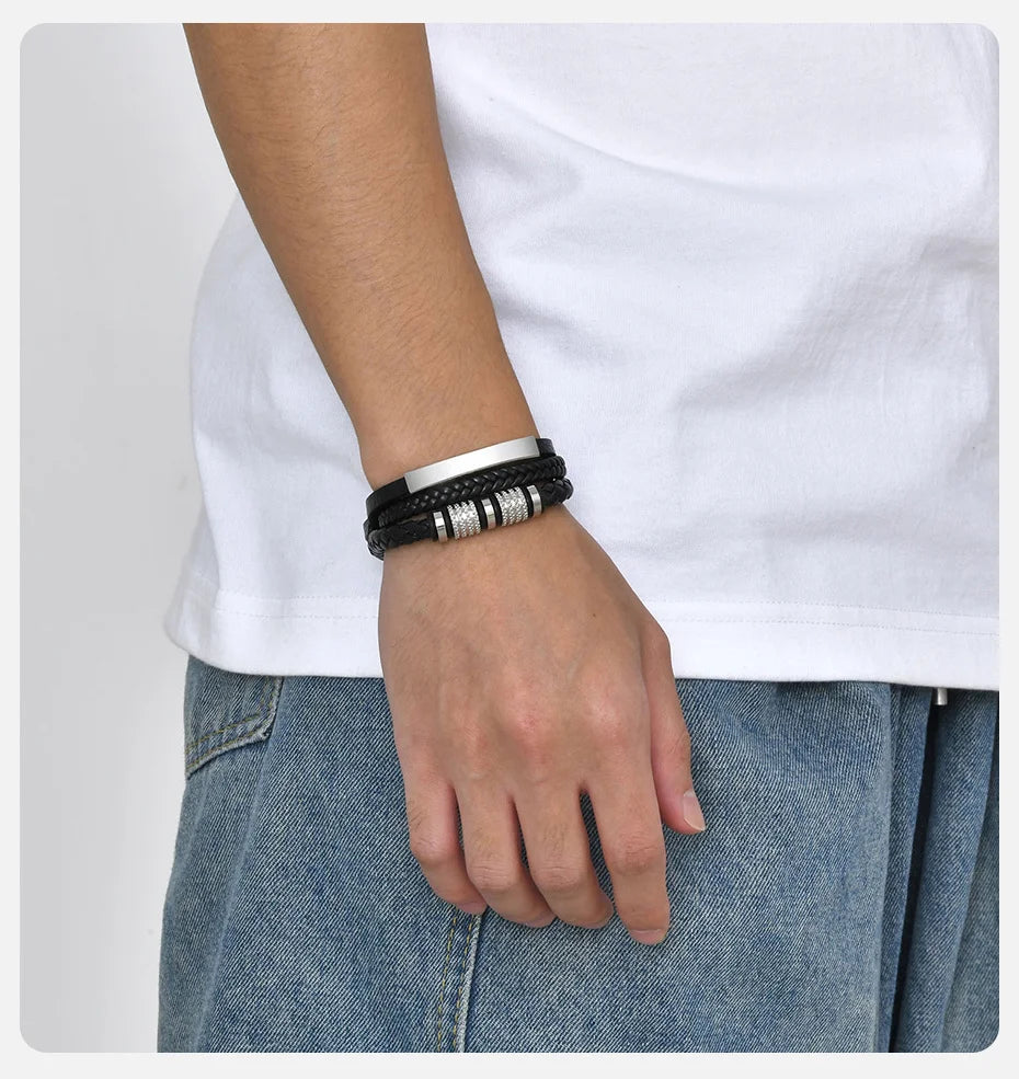 Vnox Personalized Braided Leather Bracelet for Men Handmade Triple Woven Pu Leather Bracelet Custom Name Text Jewelry Gifts