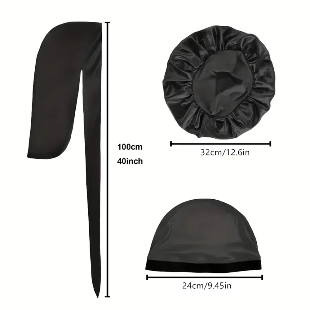 3pcs Satin Bonnet Durag and Dome Cap Set Elastic Night Sleep Hair Wrap