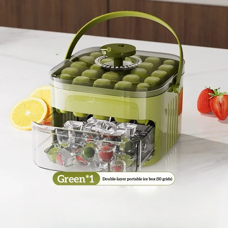 Double Layer Ice Cube Tray Box with Lid and Bin Pull Out Ice Storage Drawer