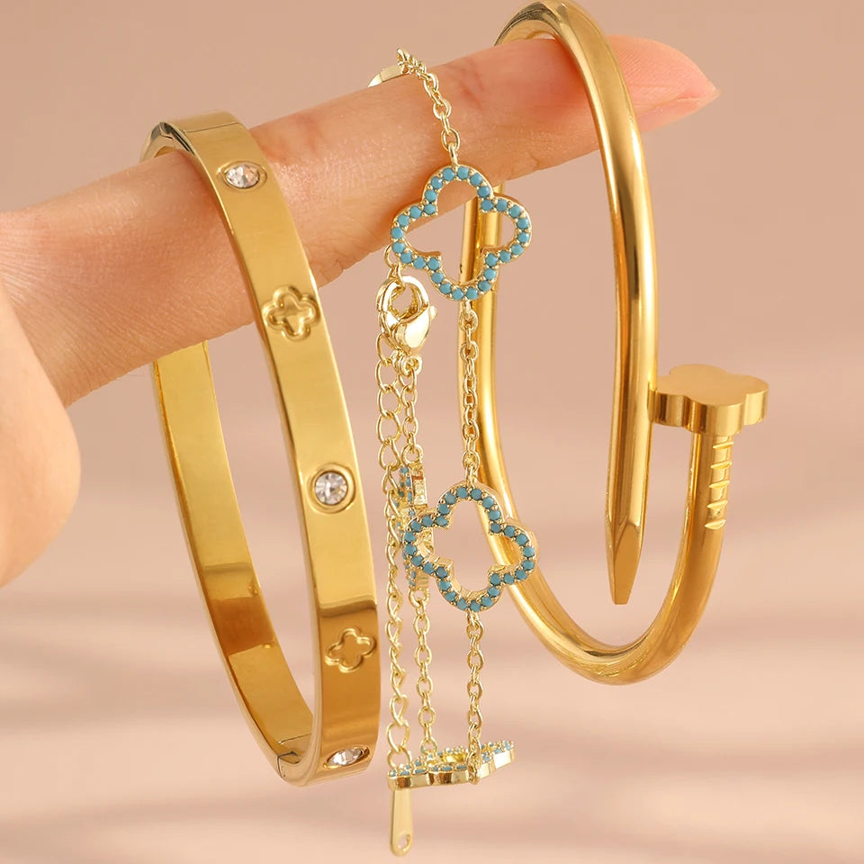 Stainless Steel Gold Plated Four-Leaf Flower Nails Stacked Bracelet Bangles Shiny Zircon Couple Jewelry Gift