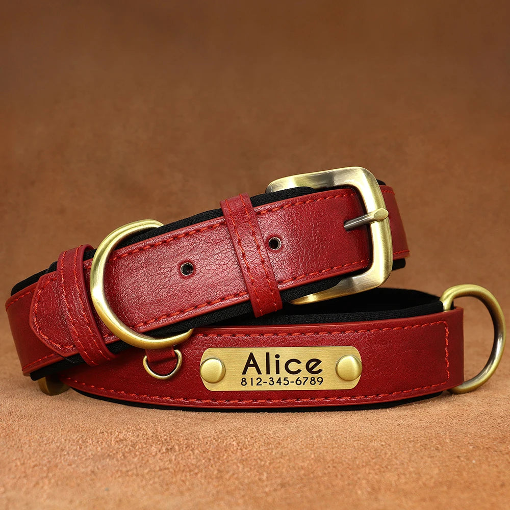 Customized PU Leather Dog Collar – Soft Padded Adjustable Name Engraved Collar