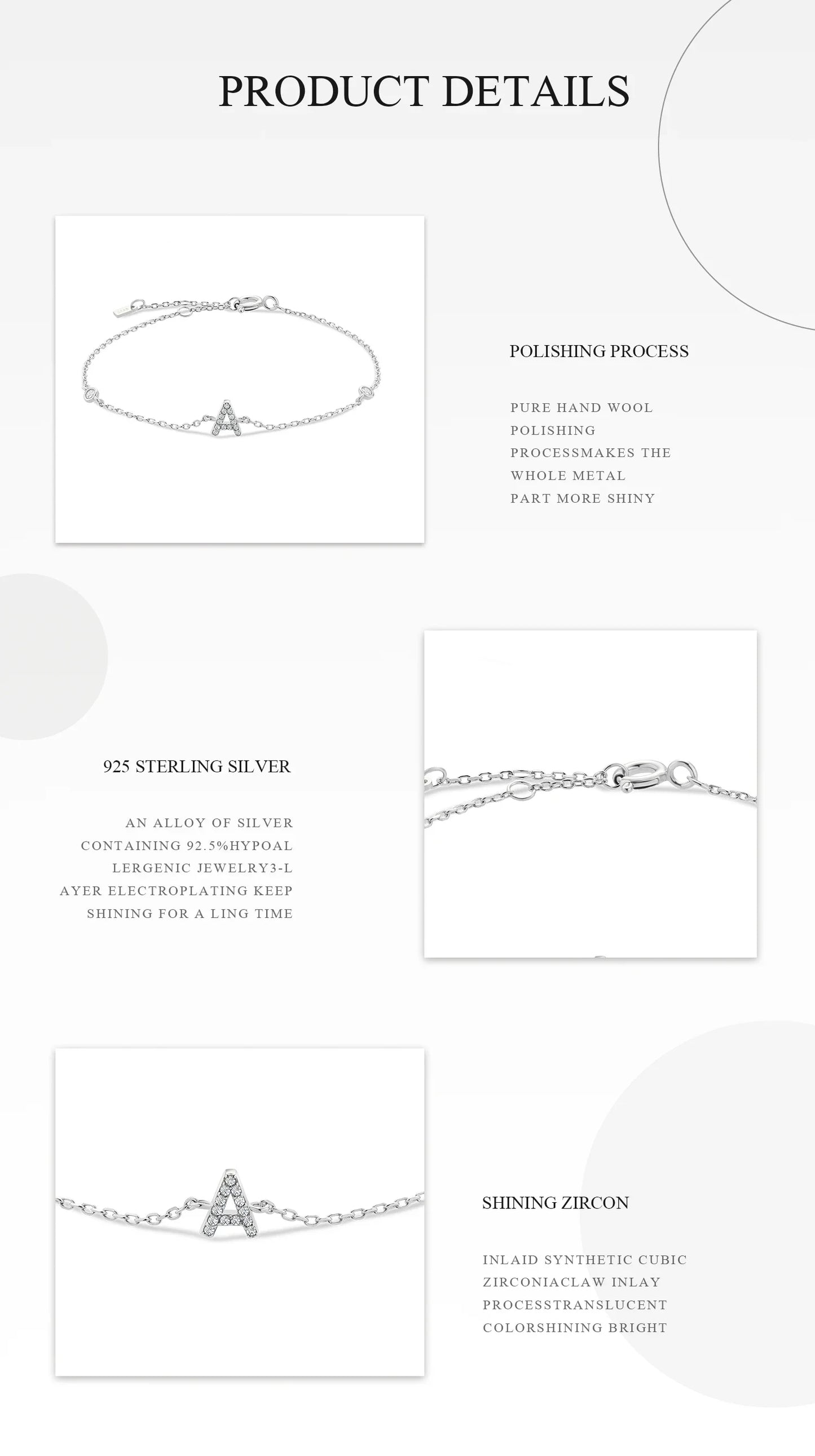 925 Sterling Silver Initial Letter Bracelet Gold CZ Zircon Alphabet Monogram
