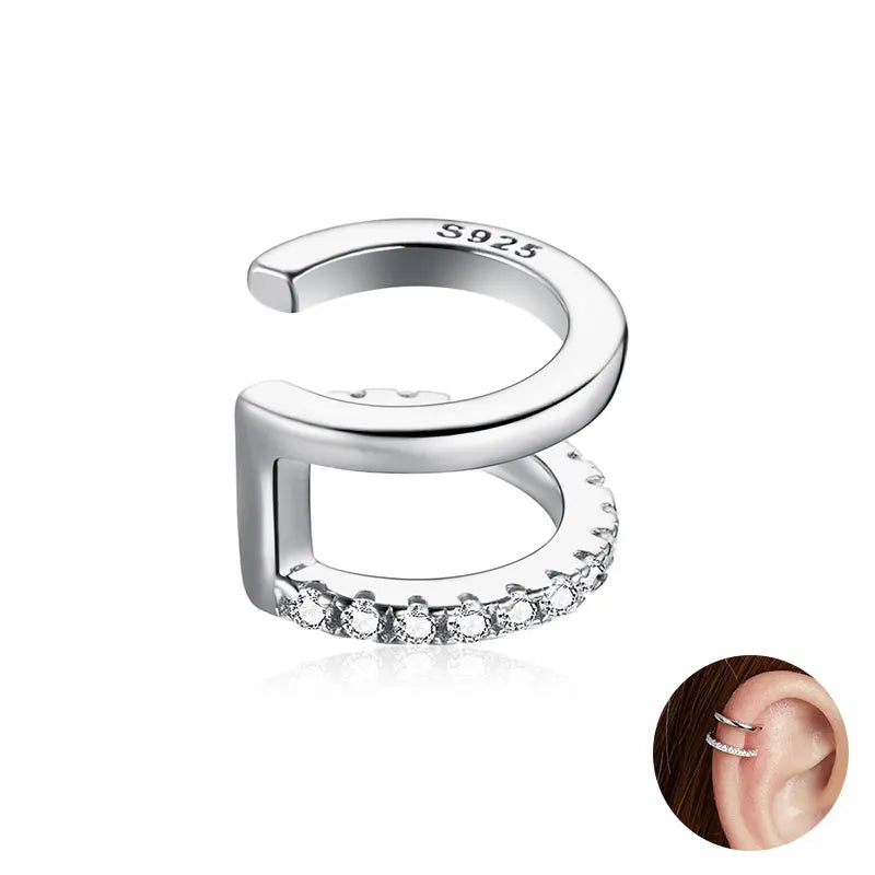 BAMOER 925 Sterling Silver Mono Clip Earrings for Girl CZ Platinum Plated Ear Cuffs Non Piercing for Women Wedding Party Jewelry