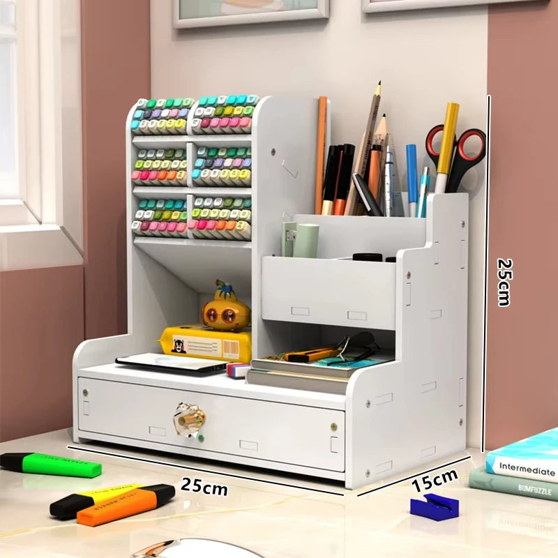 Wooden Desk Organizer with Pen & Book Storage