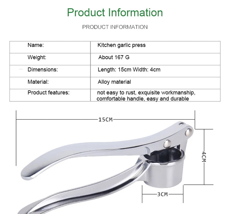 Professional Stainless Steel Garlic Press Mincer - Manual Grinding Squeezer