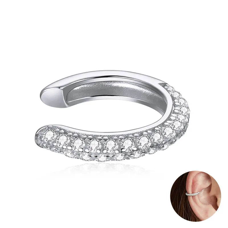 BAMOER 925 Sterling Silver Mono Clip Earrings for Girl CZ Platinum Plated Ear Cuffs Non Piercing for Women Wedding Party Jewelry