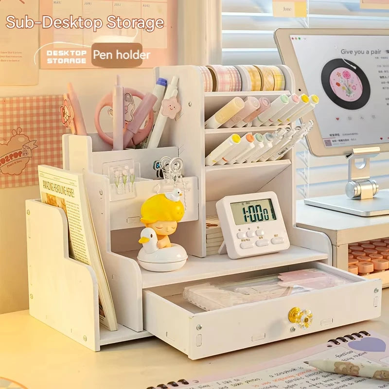 Wooden Desk Organizer with Pen & Book Storage