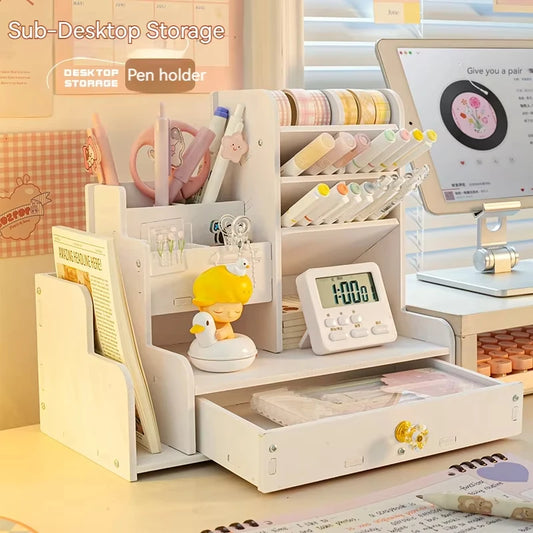 Wooden Desk Organizer with Pen & Book Storage