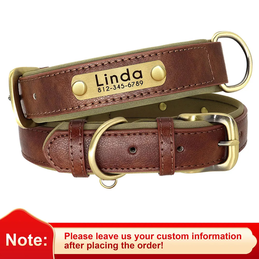 Customized PU Leather Dog Collar – Soft Padded Adjustable Name Engraved Collar