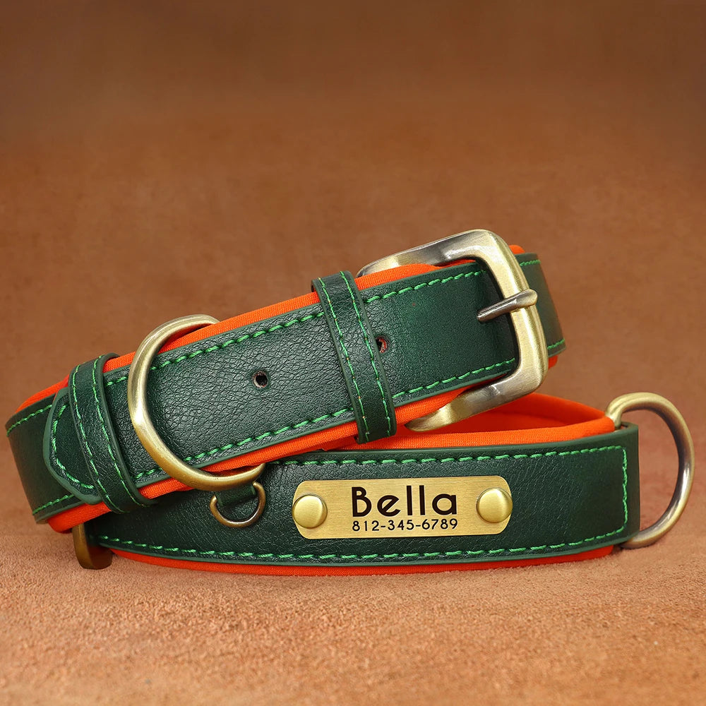 Customized PU Leather Dog Collar – Soft Padded Adjustable Name Engraved Collar