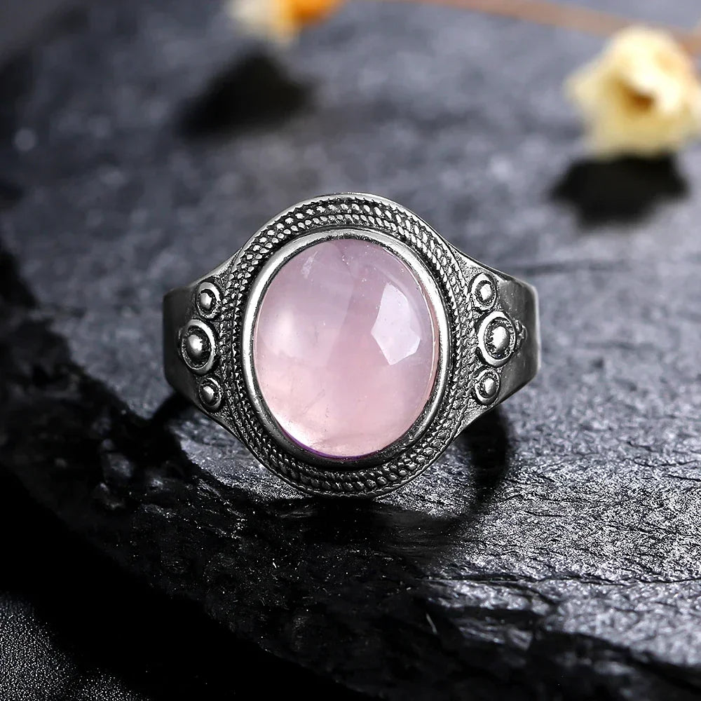 Vintage S925 Sterling Silver Ring Oval Round Natural Rose Quartz Ring Pink Stone Sun Shaped Retro Silver Fine Jewelry For Women