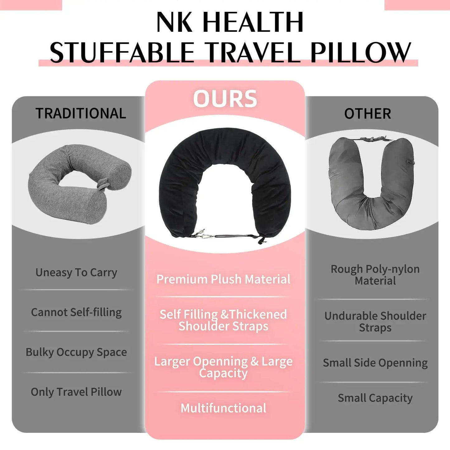 Stuffable Travel Neck Pillow – Clothes Storage Pillow for Flights