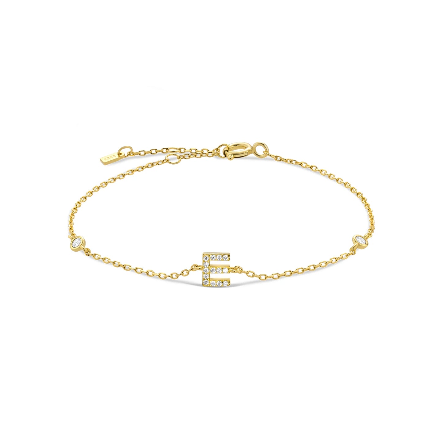 925 Sterling Silver Initial Letter Bracelet Gold CZ Zircon Alphabet Monogram