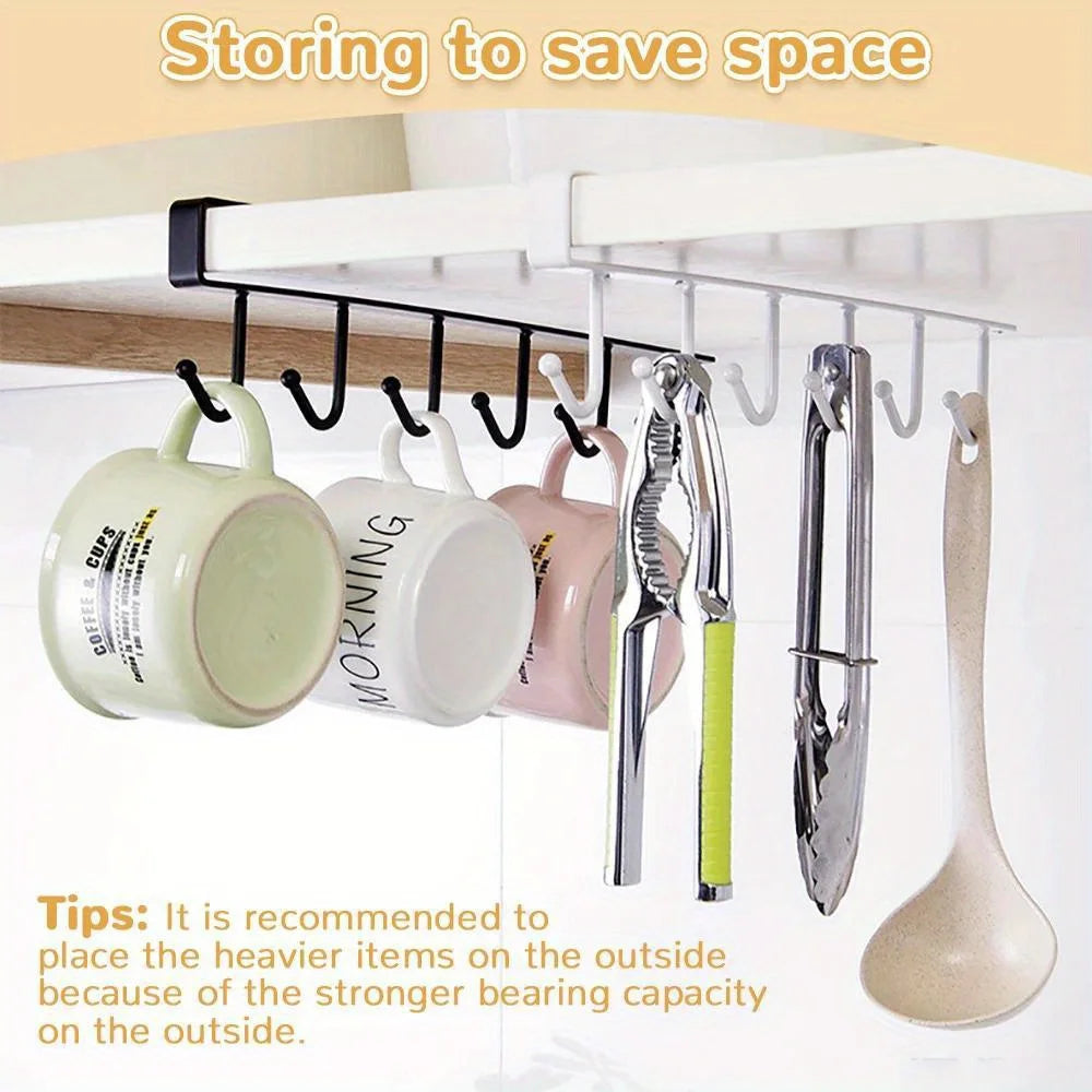 Under Cabinet Kitchen Storage Rack 6 Hooks Mug Cup Holder Hanging Organizer