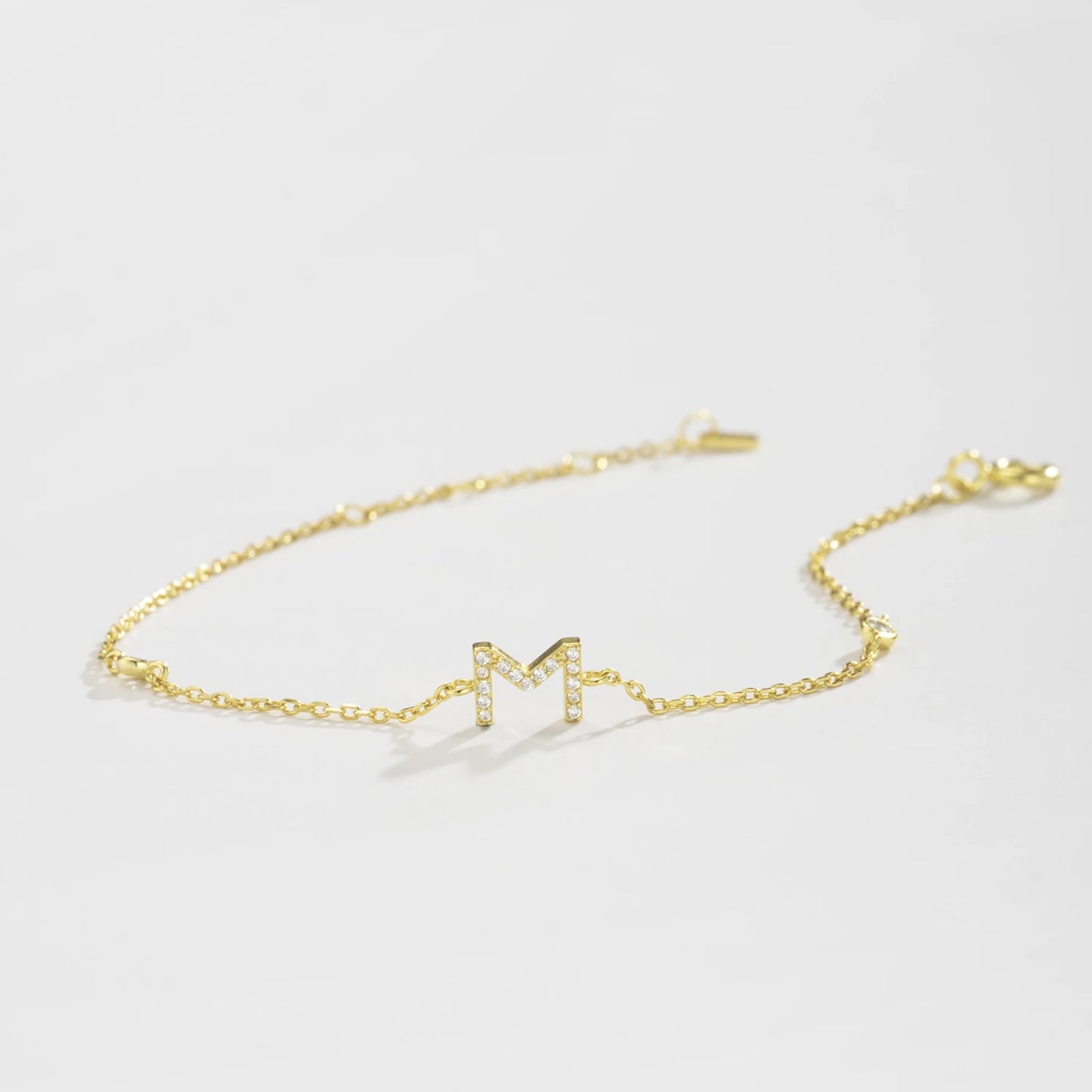 925 Sterling Silver Initial Letter Bracelet Gold CZ Zircon Alphabet Monogram