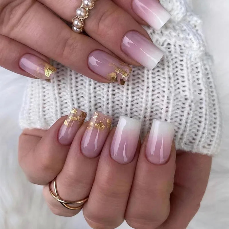 24pcs Simple French Press on Nails Tips Love Stripe Design Short Square False Nails Woman Acrylic Full Cover Nail Art Fake Nail