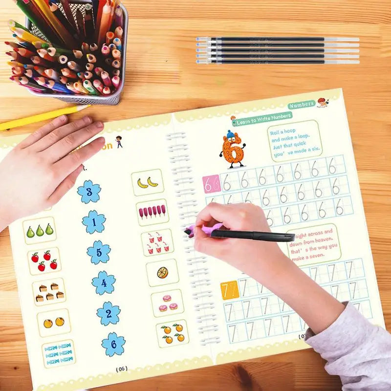 4-Pack Magic Grooved Handwriting Workbooks | Reusable Tracing Set with Pen Aid