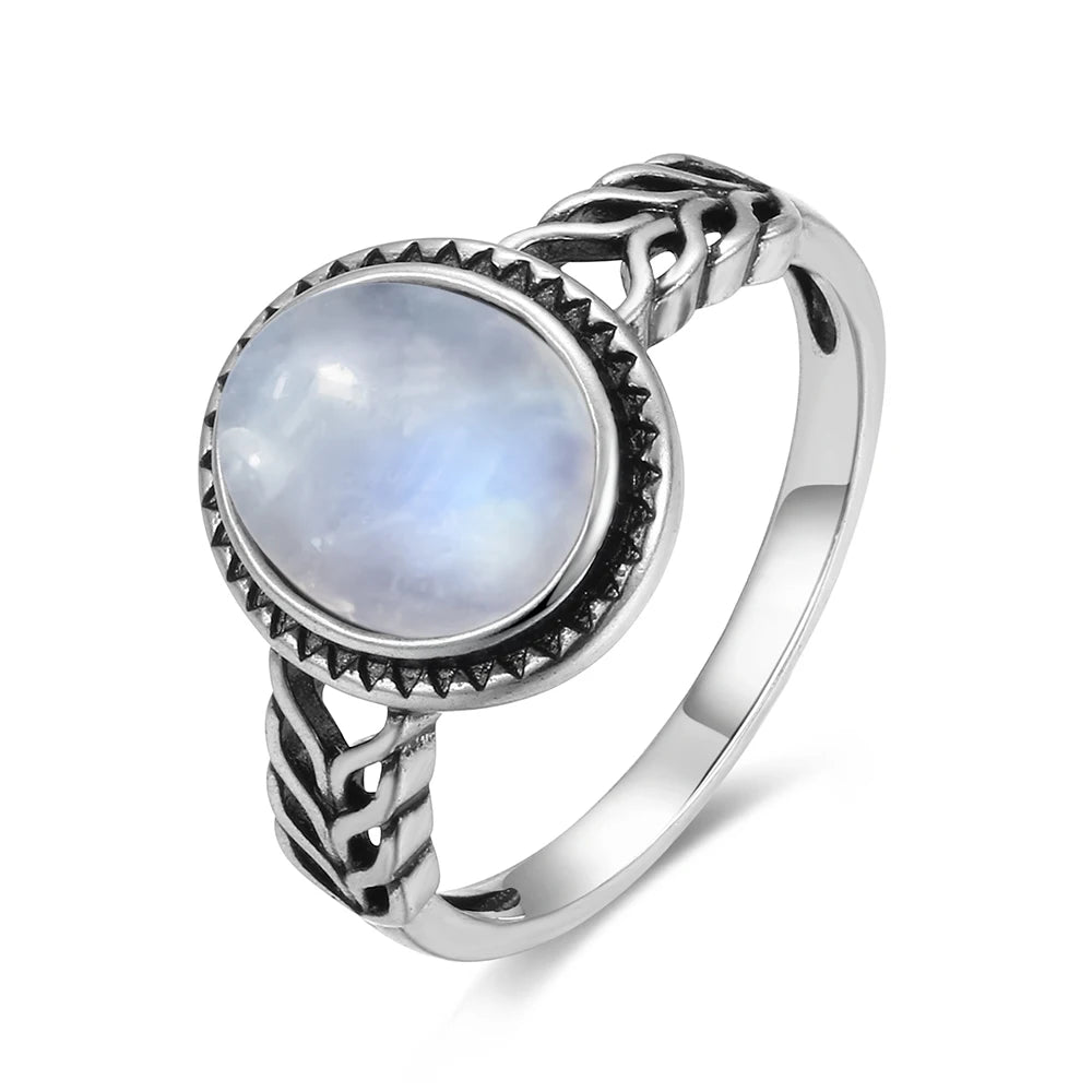 Vintage 925 Silver Ring Natural Moonstone Flower Ring 925 Hollow Eye Shape Round Sun And Moon Ring Fine Jewelry for Women Men