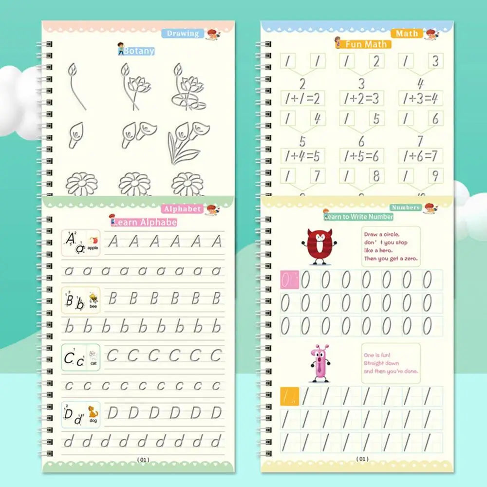4-Pack Magic Grooved Handwriting Workbooks | Reusable Tracing Set with Pen Aid