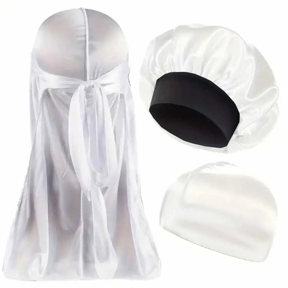 3pcs Satin Bonnet Durag and Dome Cap Set Elastic Night Sleep Hair Wrap