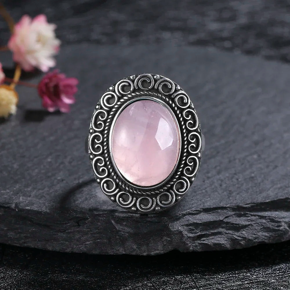 Vintage S925 Sterling Silver Ring Oval Round Natural Rose Quartz Ring Pink Stone Sun Shaped Retro Silver Fine Jewelry For Women
