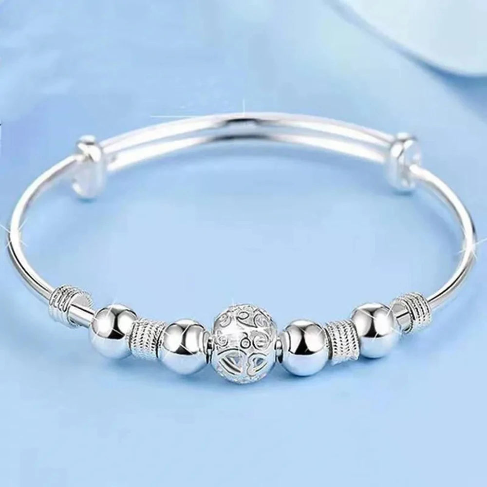 925 Sterling Silver Exquisite Beaded Bangle for Women, Stylish and Elegant Adjustable Bangle, Party Gift Accessory Jewelry
