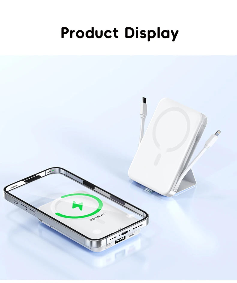 10000mAh Magnetic Wireless Power Bank with Built in Cables and Fast Charging Stand