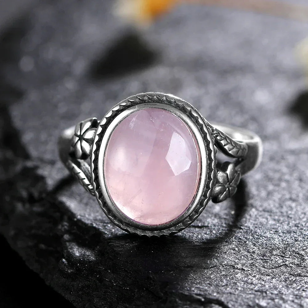 Vintage S925 Sterling Silver Ring Oval Round Natural Rose Quartz Ring Pink Stone Sun Shaped Retro Silver Fine Jewelry For Women