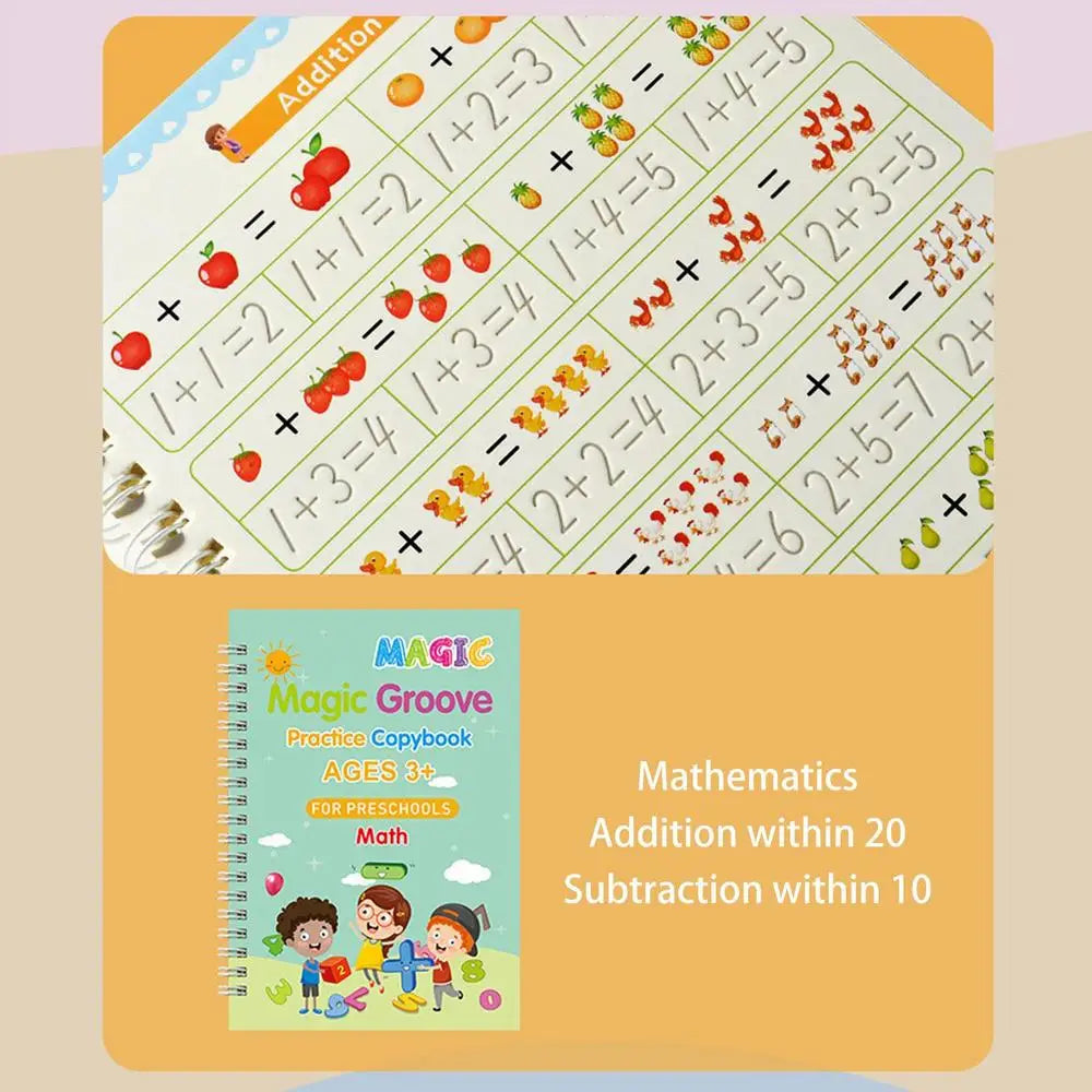 4-Pack Magic Grooved Handwriting Workbooks | Reusable Tracing Set with Pen Aid