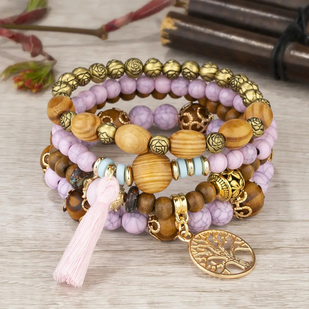 4Pcs/Set Boho Wooden Beaded Bracelet Set For Women Tree Of Life White Tassels Charm Elastic Chain Bangle Men Bohemia Jewelry