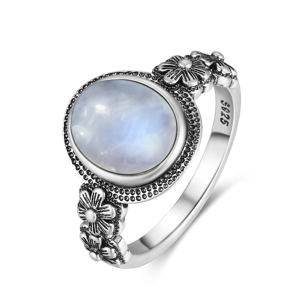 Vintage 925 Silver Ring Natural Moonstone Flower Ring 925 Hollow Eye Shape Round Sun And Moon Ring Fine Jewelry for Women Men
