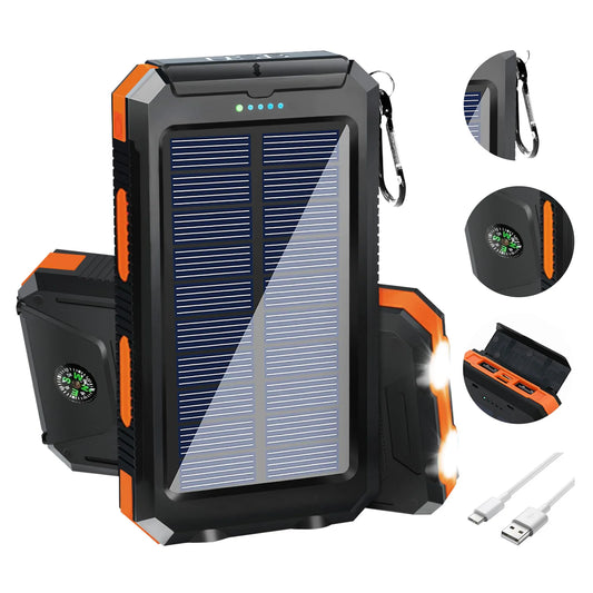 20000mAh Solar Power Bank – Waterproof Dual USB Portable Charger with LED Flashlight