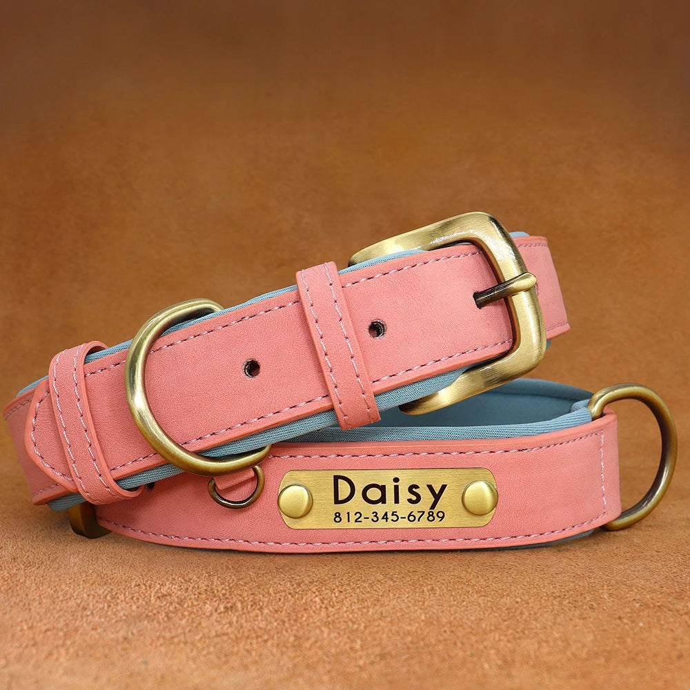 Customized PU Leather Dog Collar – Soft Padded Adjustable Name Engraved Collar