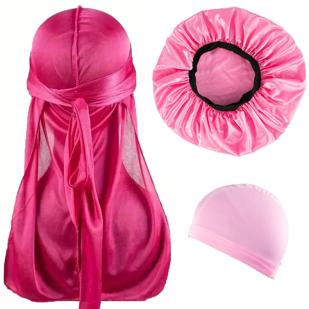 3pcs Satin Bonnet Durag and Dome Cap Set Elastic Night Sleep Hair Wrap