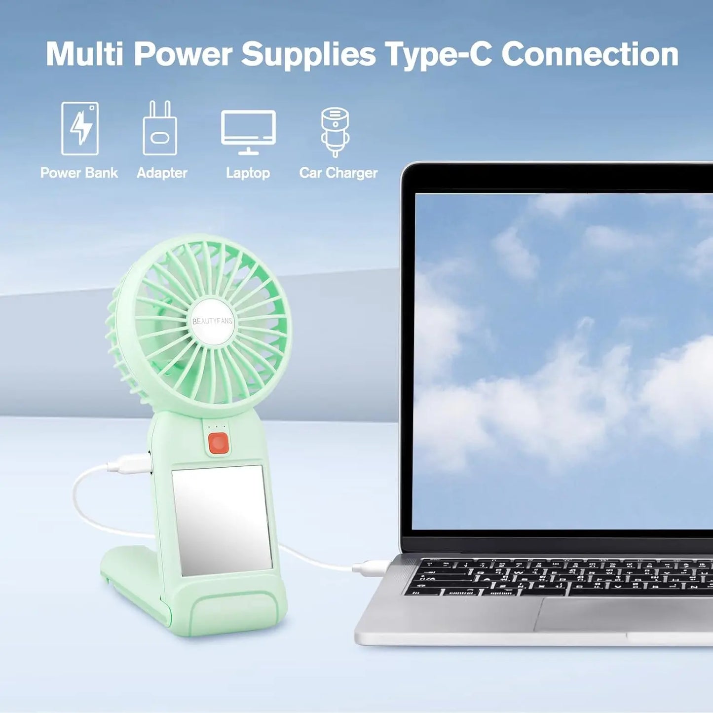 Portable Mini Handheld Fan with Mirror – USB Rechargeable 4-Speed Desk & Travel Fan