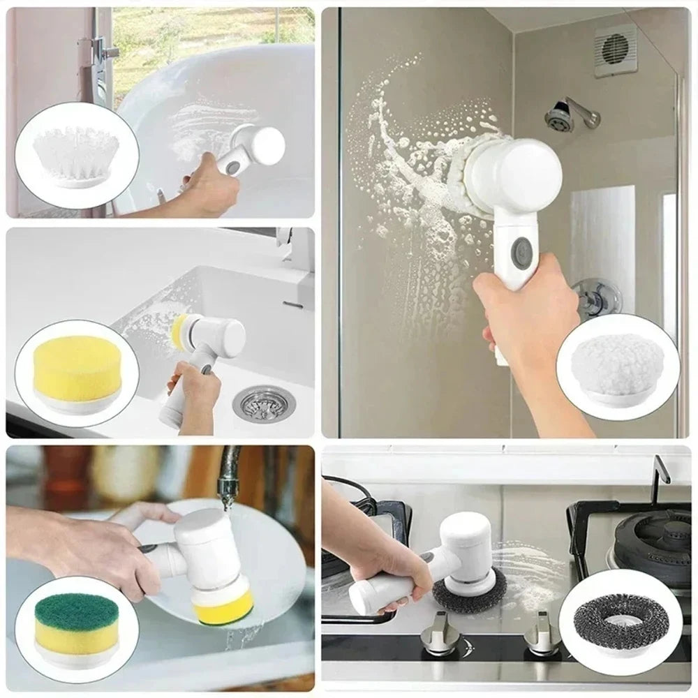 Cordless Electric Spin Scrubber – USB Rechargeable Waterproof Cleaning Brush with 5 Replaceable Heads
