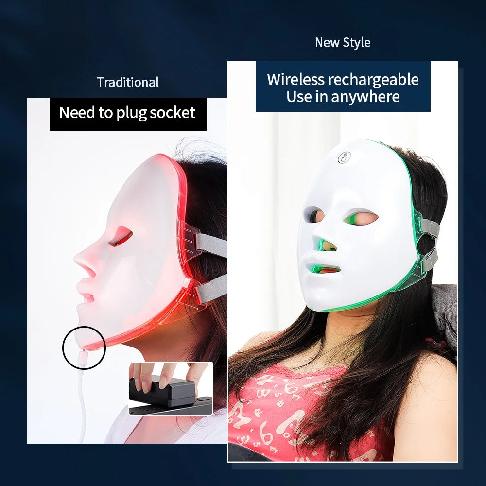 Wireless 7 Colors LED Face and Neck Mask Photon Light Therapy Machine for Skin Rejuvenation