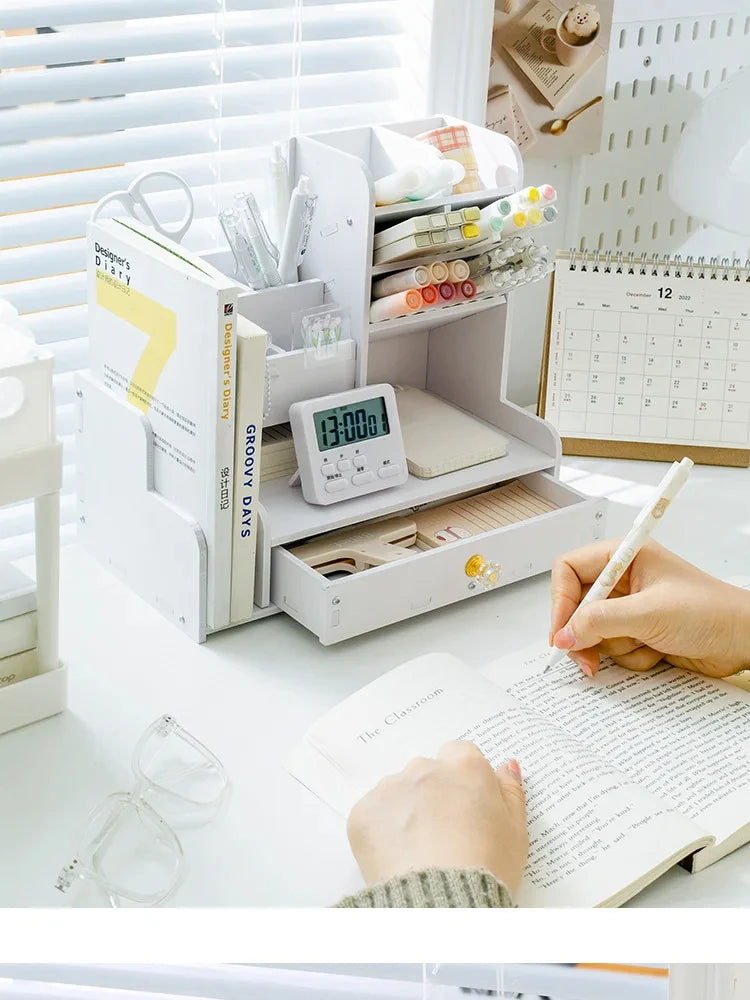 Wooden Desk Organizer with Pen & Book Storage