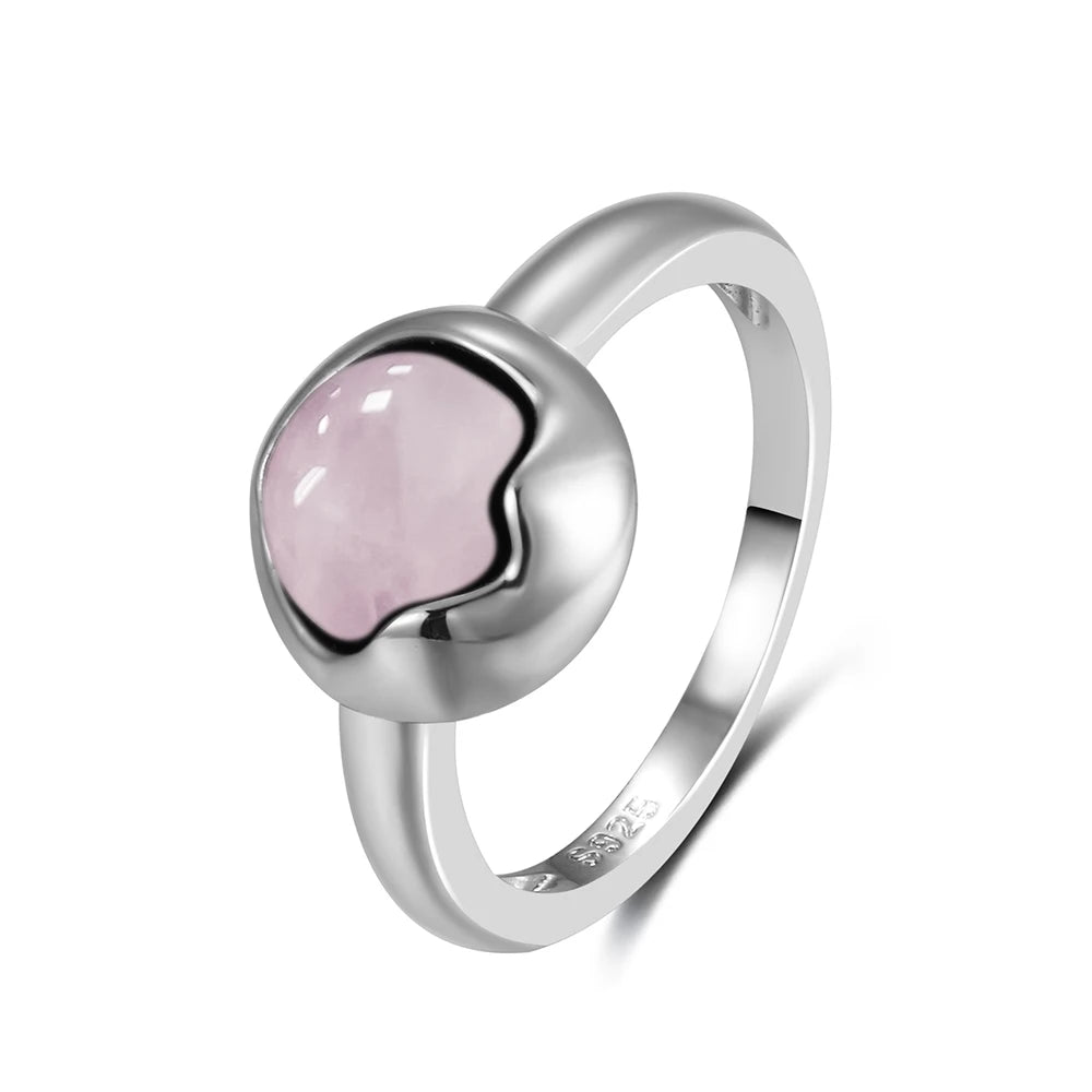 Vintage S925 Sterling Silver Ring Oval Round Natural Rose Quartz Ring Pink Stone Sun Shaped Retro Silver Fine Jewelry For Women