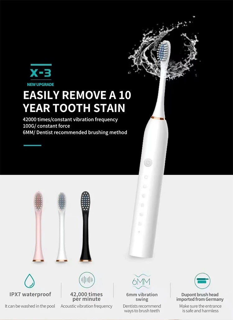 Electric Ultrasonic Toothbrush – 6 Speed USB Rechargeable Waterproof Tooth Cleaner (Couple Set)