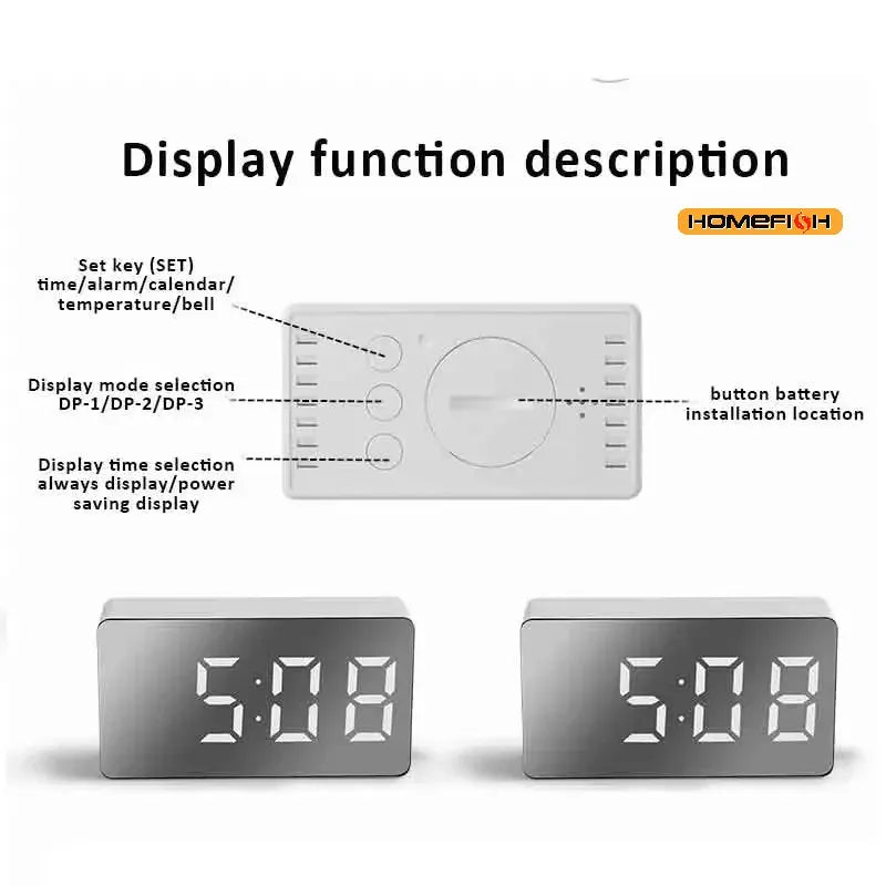 LED Mirror Alarm Clock Digital Desktop Table Time Display Night Light USB