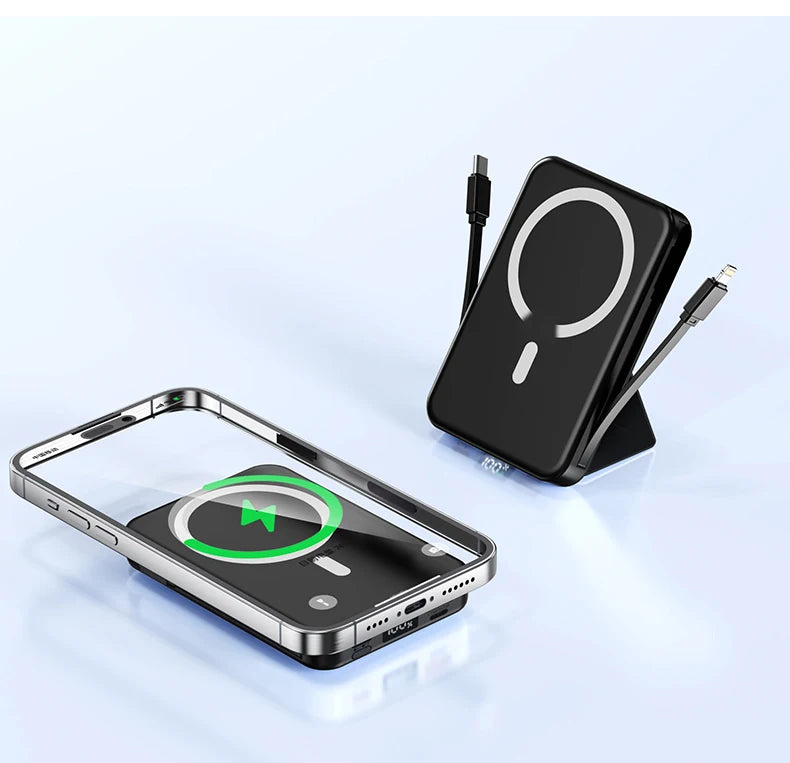 10000mAh Magnetic Wireless Power Bank with Built in Cables and Fast Charging Stand