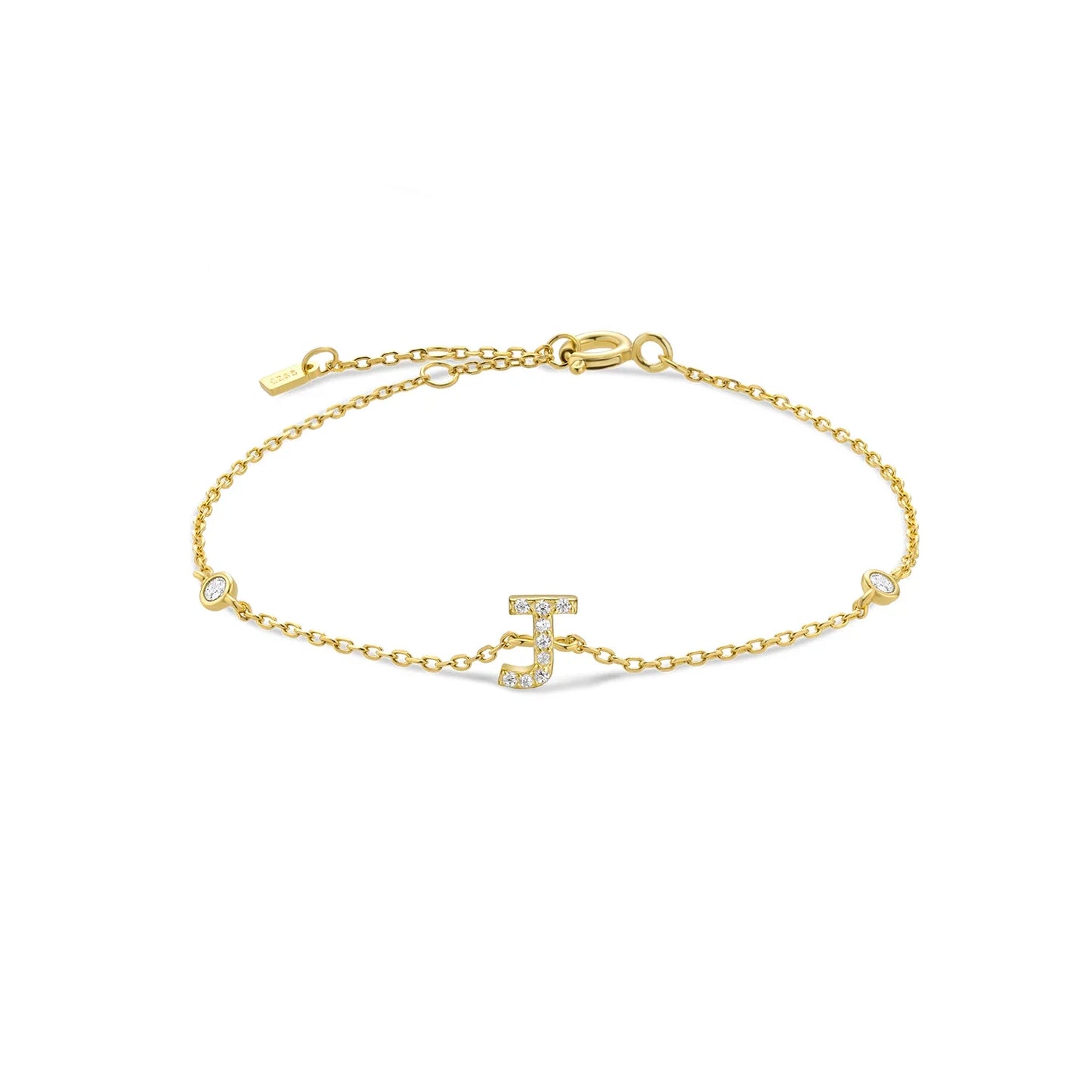 925 Sterling Silver Initial Letter Bracelet Gold CZ Zircon Alphabet Monogram