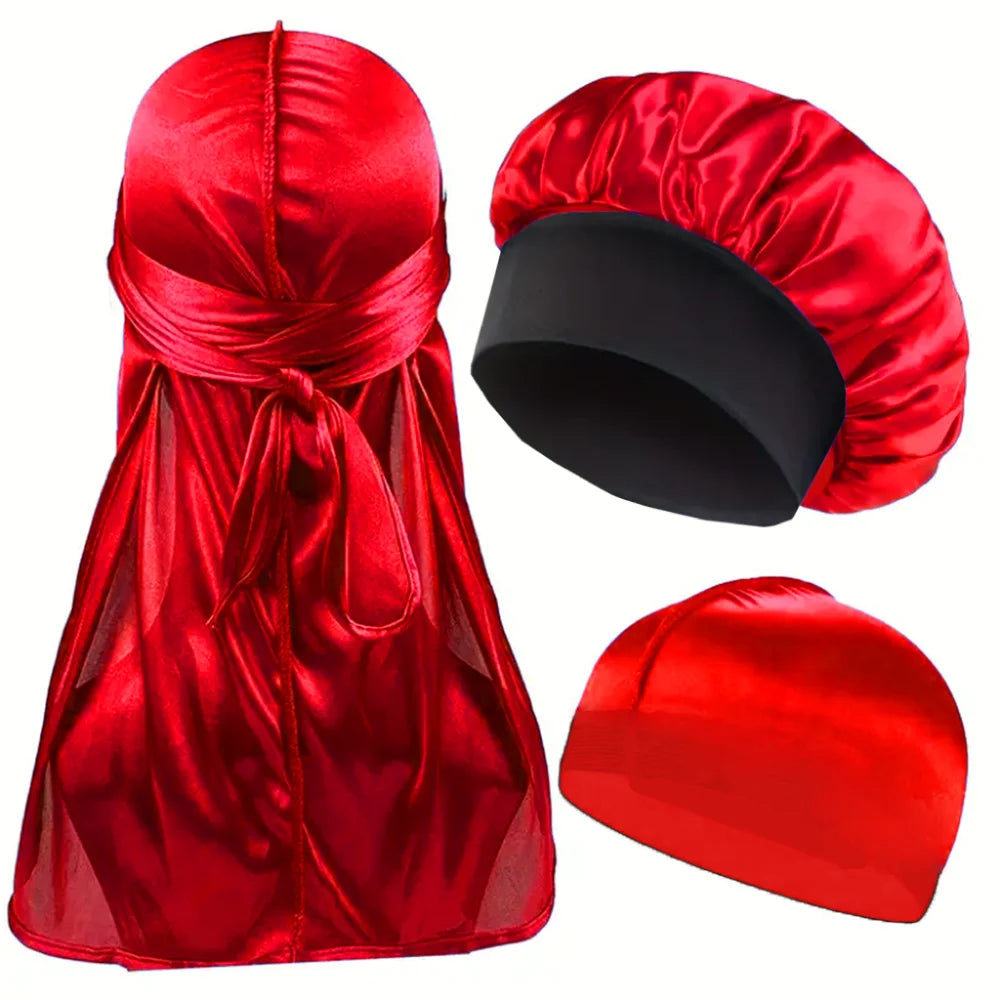 3pcs Satin Bonnet Durag and Dome Cap Set Elastic Night Sleep Hair Wrap